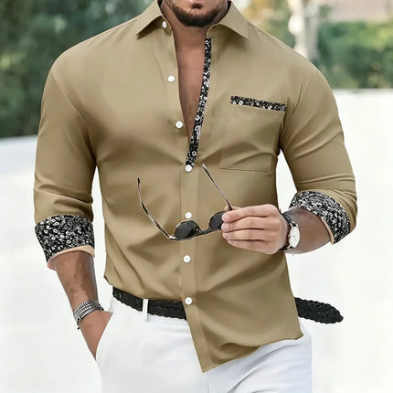 New Men's Casual Contrast Print Dress Shirt, Long Sleeve Turn-down Collar Tops with Floral Trim