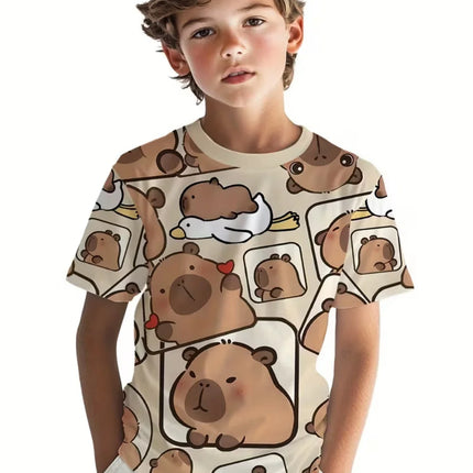 Cute Capybara Boy Clothes Cartoon Graphic Short Sleeve Tee Boy Child T-Shirt Summer Loose Top Fashion Kids Clothes Boys Clothing