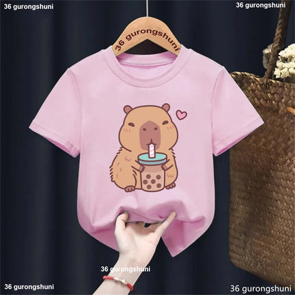 Funny T-Shirt Capybara With Turtle Loves Bubble Milk Tea Printed T-Shirt Girls/Boys Kawaii Kids Clothes Harajuku Shirt Tops