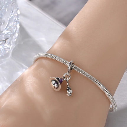 925 Sterling Silver Inlaid Heart-Shaped Beads & Rose Dangle Charm Fits Snake Bracelet Boutique Necklace Purple Pendant Gift