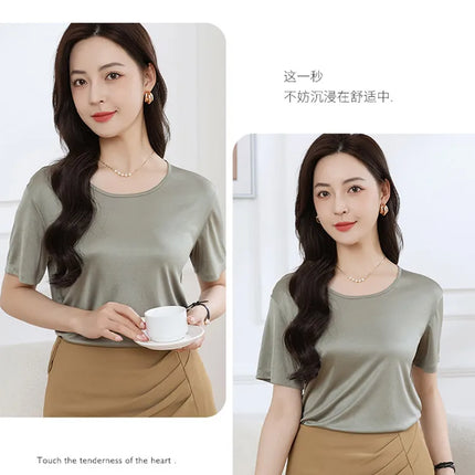 Summer High-End Women's Short Sleeve T-Shirt Acetate Fabric Knitted European Style Thin Hot Selling Top for Ladies
