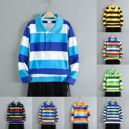 Boy Polos Shirt Kids Clothes Tops Color Stripes Turn-Down Collar Autumn Long Sleeve Polos Baby Boy Camisetas Teen Boys Shirts