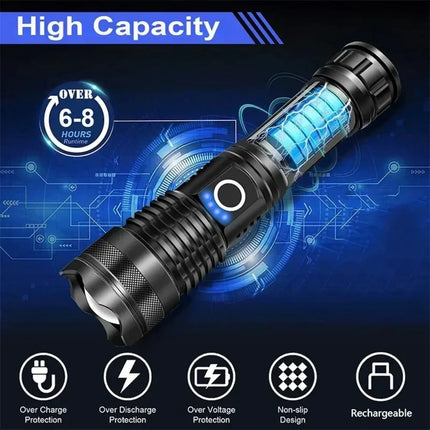 High Power LED Flashlight USB Rechargeable 5 Mode Aluminum Alloy Telescopic Zoom Torch Tactical Lamp for Outdoor Camping Fishing