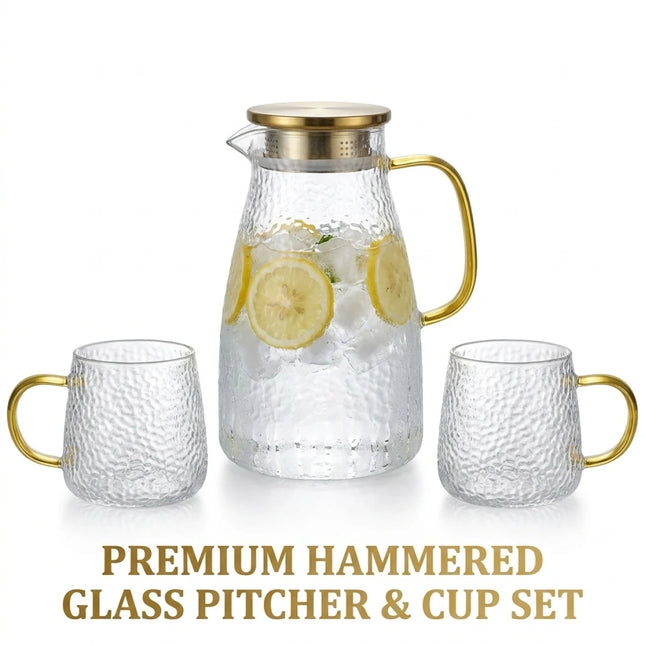 Premium Hammered Glass Pitcher–Dual-Function Lid,Ergonomic Handle, Smooth Pouring Spout–Heat Resistant Water Carafe for Home