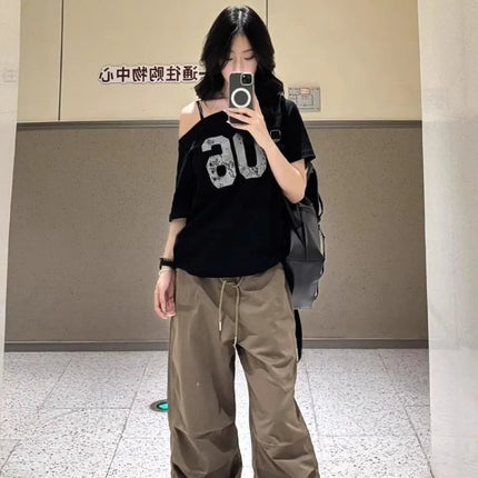 Black Off Shoulder Slant Neck Short Sleeve T-Shirt 2025 Summer Women Sweet Cool Loose Casual Streetwear Fashion