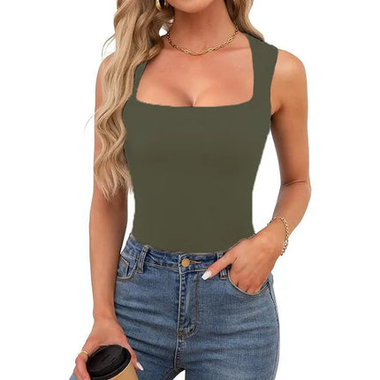 Sexy Slimming T-Shirts for Women Fashion Square Neck Sleeveless Tops Harajuku Tanks Woman Clothes Casual Top Tees Streetwear