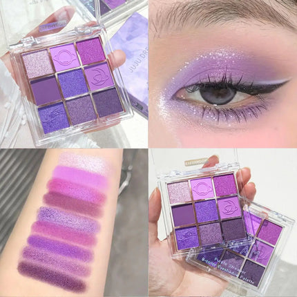 JUJU Purple Fringe 9 color eyeshadow tray - mixed berry and purple tones, matte shimmer - smoky, natural and charming