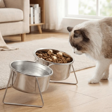 Anti-Tipping Stainless Steel Cat Bowl with Stand Sturdy High Foot Dog Feeder Fall-Resistant Rust Proof Pet Food Bowl