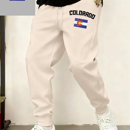 Colorado Flag Printed Sweatpants Mens Casual Pocket Jogger Pants Winter Fleece Warm Oversized Trousers Basics Male Streetwear