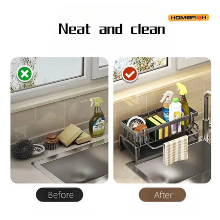 HMJ2  Multi Functional Kitchen Sponge Rack Drain Water Place Dish Soap Organize Rags Capacity Countertop And Store Items