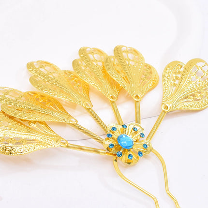 New Golden Alloy Leaf Crystal Flower Hairpin Hair Accessories for Women Thailand Ethnic Dance Party Decoration Headwear Jewelry