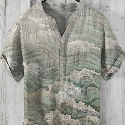 European Size Fashion Plus Comfortable Short Sleeved Men's New V-Neck Travel Printed Linen Breathable Men's Shirt