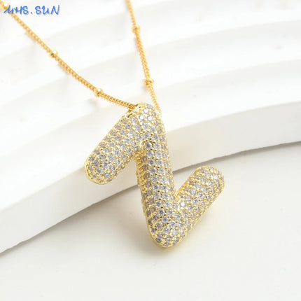 MHS.SUN Gold Plated Balloon 26 Letter Necklaces Copper Zircon Bubble Initial Pendant Chunky Women Personality Chain Jewelry