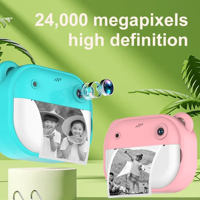 Kids Cartoon Digital Camera Toy Instant Inkless Thermal Printing Photograph Camera Puzzle Interaction Camera Toy+32G Memory Card