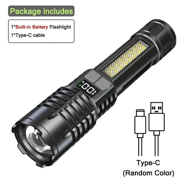 High Power LED Flashlight Powerful TYPE-C Rechargeable COB Flashlight With Side Light Torch For Outdoor Camping Hiking