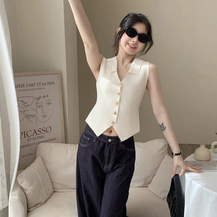 Women's French Temperament V-neck Sleeveless Slim Fit Knitted Vest Single Breasted Elegant Style