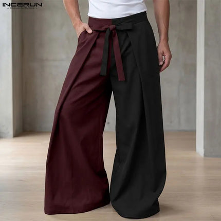 INCERUN Men Pants Patchwork Color-block Lace Up Joggers Casual Trousers For Man Pleated Streetwear Loose 2026 Fashion Long Pants