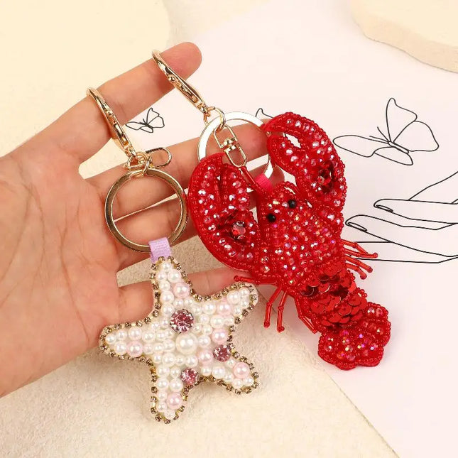 Rhinestone Lobster Beaded Keychain Pretty Hand Sewn Bag Charms Crab Shells Turtle Hanging Rope Patches Applique Bag Lanyard