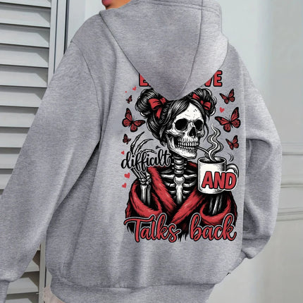 Expensive Talks Back Coffee Butterfly Skulls Print Women Hoody Autumn Hoodies Casual Loose Pullover Jogging Pocket Sportswear