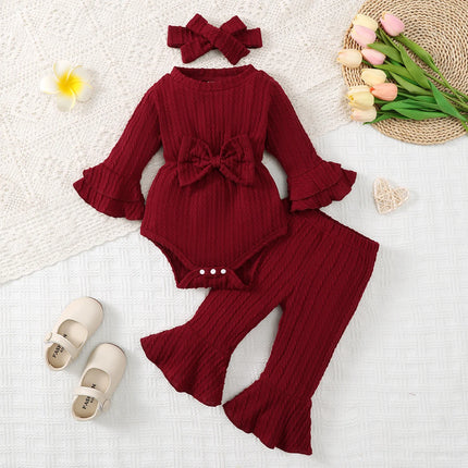 Baby girl autumn and winter casual fashion texture fabric round neck double-layer flared sleeves bow bow front jumpsuit and flar