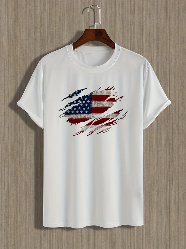 Men's Summer Casual Loose Size 100% Cotton Trendy American Flag Pattern Print Round Neck Short Sleeve T-shirt Top