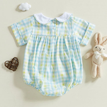 FOCUSNORM 2 Colors Lovely Baby Girls Boys Easter Romper Short Sleeve Doll Collar Bunny Embroidery Smocked Bodysuit Outfit