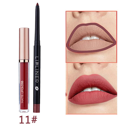 12 pieces of matte liquid lipstick+lipliner set, pigment velvet nude color waterproof long-lasting lip gloss makeup gift set