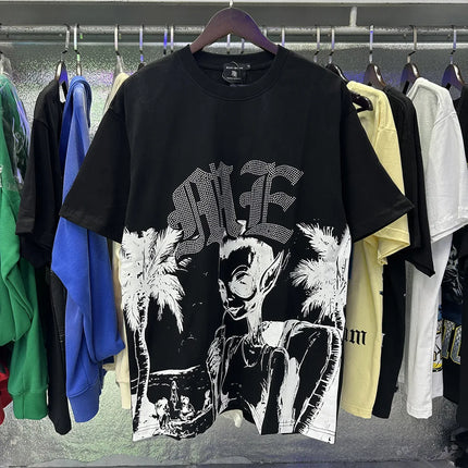 MIXED EMOTION Rhinestone Short Sleeve Men Women Tshirt Streetwear Cotton Loose Round Neck Top Tees Oversized Tee Top Trendy