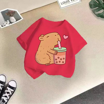 2025 Summer New Cute Animal Kapibala Fashion Printed Children's T-shirt Short Sleeve Fashion Pure Cotton Children's Clothing