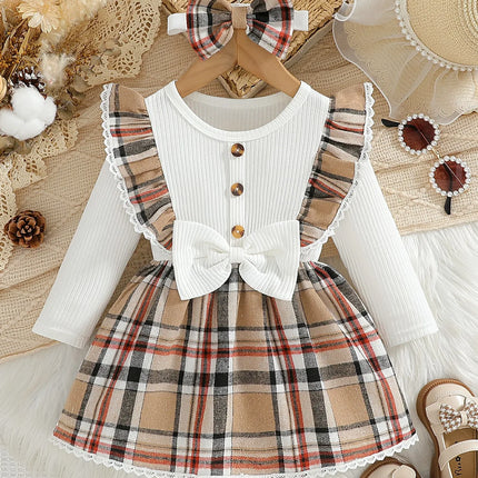 Baby girl's new fashionable plaid patchwork groove lace design bow dress and headband