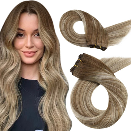 Moresoo Sew in Hair Extensions Weave Hair Human Bundles Machine Remy Hair 100 Gram Double Weft Soft Straight Human Hair Weft