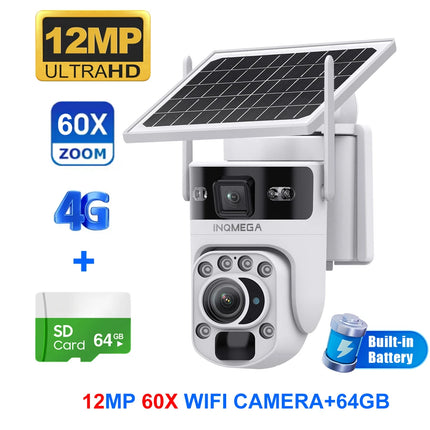 INQMEGA 12MP 60X Optics Zoom Dual Screen 4G /WIFI Solar Camera Securty Outdoor  PIR Human Detection Color Night Vision UBOX APP