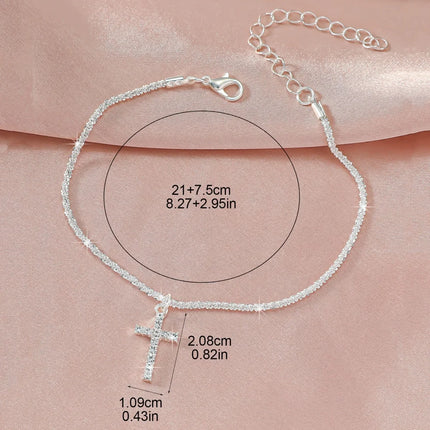 Shiny Sparkling Simple Anklet for Women Cross Pendant Silver Color Elegant Jewelry Female Beach Ankle Bracelet on Foot Gifts
