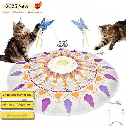 USB Rechargeable 3-in-1 Interactive Cat Teaser Toy 360° Rotating Feathers & Mandala Pattern, 1200 battery capacity Plastic Design