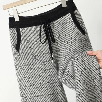 Soft 100% Merino Wool Straight-leg Pants For Men Jacquard Warm Knitted Pants Autumn Winter Thick Bottom Wear