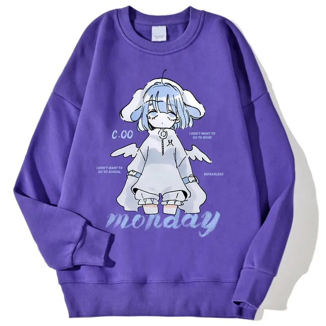 Harajuku Anime Girl Design Womens Sweatshirts Couples Kawaii Hoodie Comfortable Crewneck Clothes All-Match Fleece Streetwear