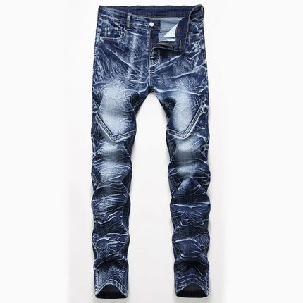 Men's Blue Stretch Jeans, Washed and Bleached Straight-leg Denim Pants, Asian Sizes 28–42. New 2026