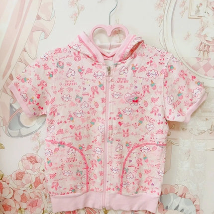 Japanese Sweet Girl Cartoon Mp Printed Short Sleeved Zip Up Hoodie Summer New Thin Cardigan Cute Core Sweatshirt Women Y2k Top
