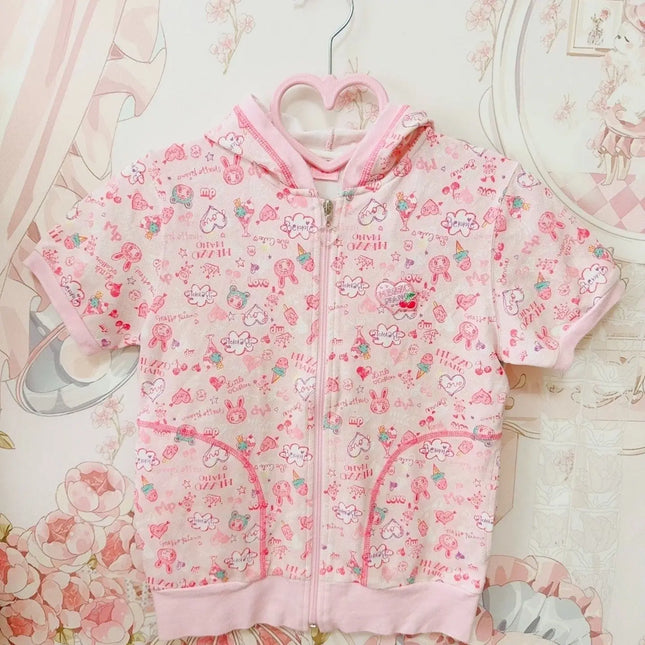 Japanese Sweet Girl Cartoon Mp Printed Short Sleeved Zip Up Hoodie Summer New Thin Cardigan Cute Core Sweatshirt Women Y2k Top
