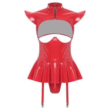 Womens Lingerie Latex Glossy Bodysuit Halter Zipper Crotch with Skit Hem And Garters Jumpsuit Raves Party Sexy Clubwear Costume