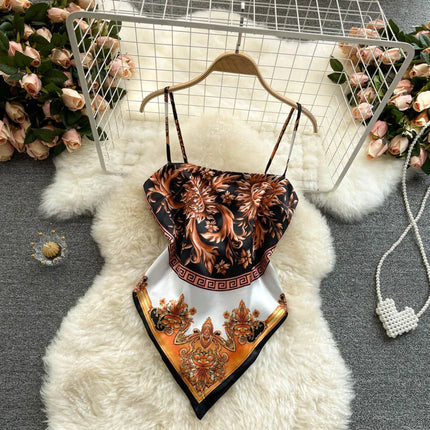 Women's Slim Fit Printed Tank Top Knot Back Design Versatile Strapless Top Commute Style Summer Collection