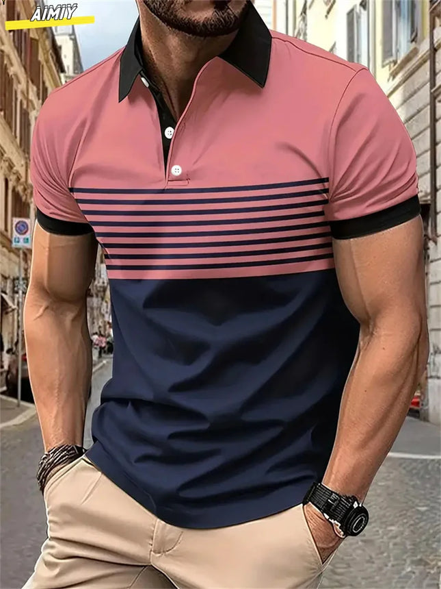 Male Golf Stripe Polo Men's Casual Short-Sleeved Polo Shirt Solid Color Lapel Fashion New Business Sports Breathable T-Shirt Top