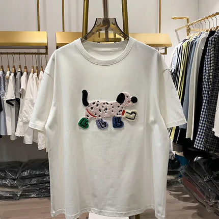 Women T-Shirts Loose Streetwear Unisex Fun Dog Embroidered Short Sleeve Cotton Girl Tees Female Top Summer 2026