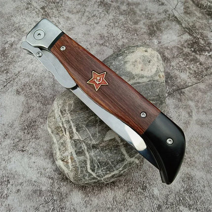 Russian NKVD EDC Hunting Pocket Folding Knife 440c Blade Wood Handle Camping Hunting Outdoor Knife with Leather Sheath