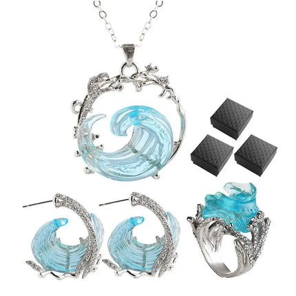 1/3PCS Ocean's Oath Wave Decorative Ring Necklace Earrings Jewelry Set For Women Gift Fashion Sky Blue Decoration Jewelry Gift