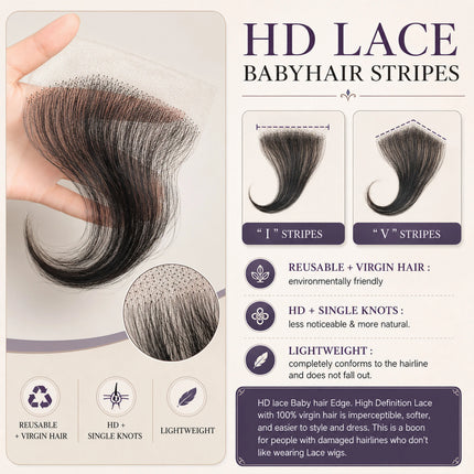 100% Real Human Hair I V Style Edges HD Lace Baby Hair for Women Reusable invisible Swiss Lace Hairline Natural Black Handmade