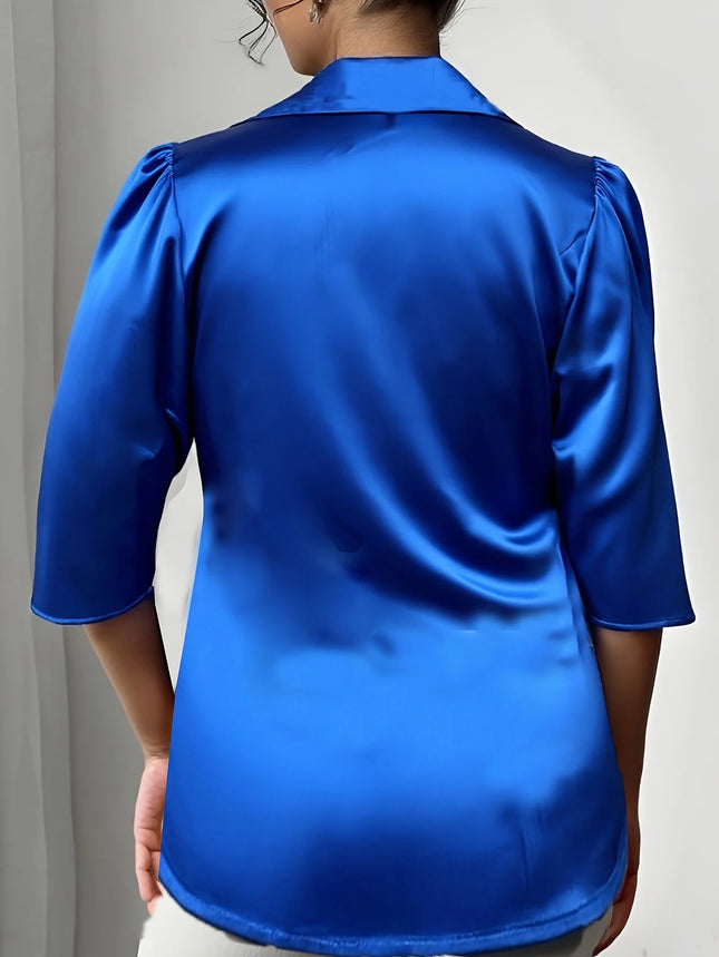 Plus-Size Women's Shirt, Elegant Formal Satin Solid Color Casual Business Mature Style, Three-Quarter Sleeves, Turn-Down Collar, Regular Top with Twist Knot Decoration