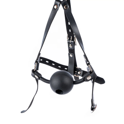 Leather Wetlook BDSM Mask Hood Gimp Open Mouth,Silicone Ball Gag with Hole,Bondage Gear Head Harness,Erotic Sex Toys For Couples