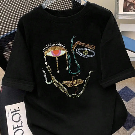 100% Cotton T-Shirts For Women Color Graffiti Woman's Face Printing Clothes Street Fashion Tops Loose Casual Short Sleeve Tees