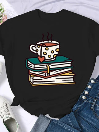 Coffee Books Brown books American retro T-shirt woman round neck half sleeve T-shirt printed T-shirt top woman oversized